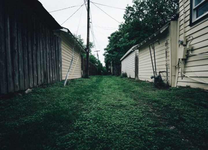 Rustic alleyway with grass pathway between wooden and metal fences in a residential area.