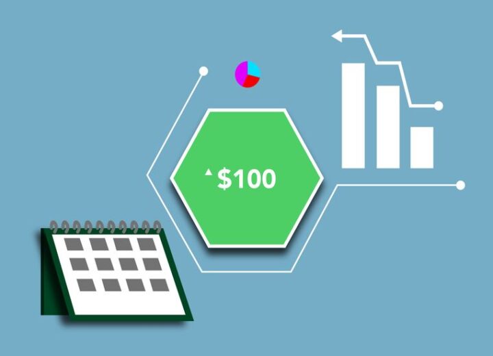 Economic concept shown on illustration with statistic graph and charts around hundred dollars demonstrating growth of currency over time